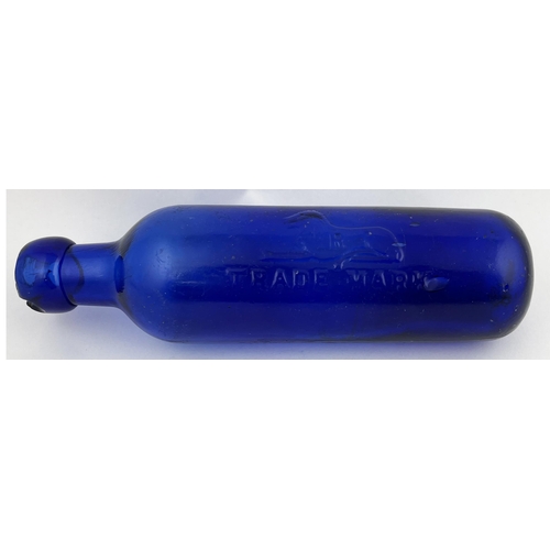 677 - ROUND BOTTOMED CYLINDER BOTTLE. 8.5ins tall. Cobalt blue glass, embossed WM ROW/MANUFACTURER/ NEWCAS... 