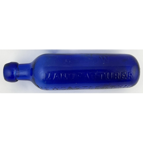 677 - ROUND BOTTOMED CYLINDER BOTTLE. 8.5ins tall. Cobalt blue glass, embossed WM ROW/MANUFACTURER/ NEWCAS... 