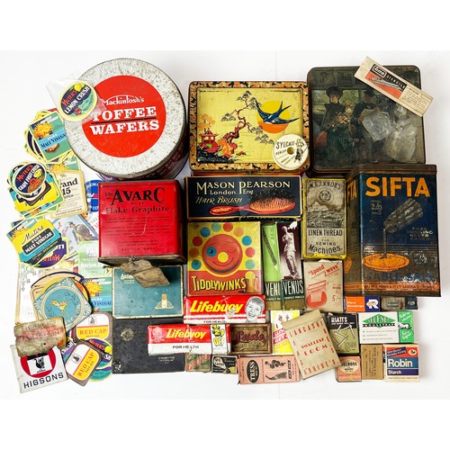 342 - TINS & PACKETS GROUP. A real mix. Inc. Sifta, Lifebuoy, Mason Pearson boxed hair brush, beer mats & ... 