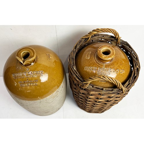 526 - SCOTTISH IMPRESSED FLAGON DUO. Tallest 21ins. LEITH in wicker basket plus SELKIRK with pouring lip. ... 