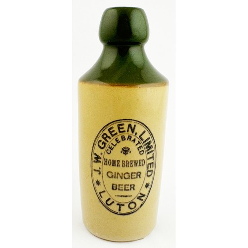 154 - W GREEN LUTON GINGER BEER BOTTLE. 7ins tall. Std, t.t. (green top), cork closure. Good strong transf... 