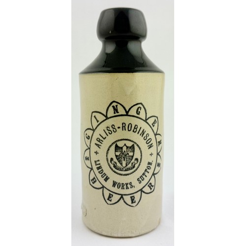 153 - ARLISS ROBINSON SUTTON GINGER BEER BOTTLE. 6.8ins tall. Std, t.t. (dark blue top), screw lip.Decorat... 