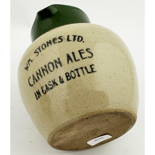 100 - WM STONES CANNON ALES BREWERY PUB JUG. 4.2ins tall. Dark green small stoneware jug, rear handle. No ... 