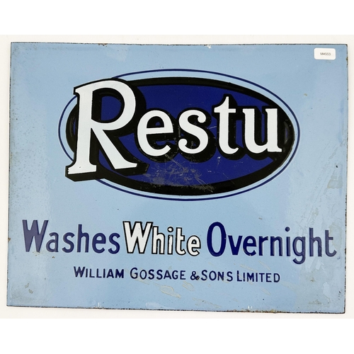 111 - RESTU ENAMEL SIGN. 10.7 x 8.7ins. Delightful small double sided enamel, one side slightly better tha... 