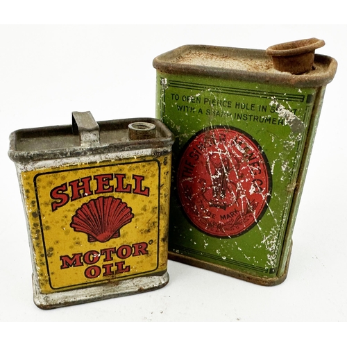 125 - MINI SHELL MOTOR OIL & SINGER OIL TIN CANS. Shell 2.2ins tall.Pair of tin oil cans - both with obvio... 