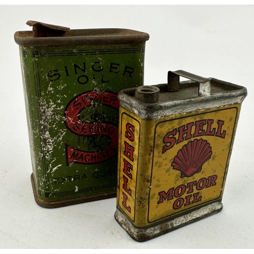 125 - MINI SHELL MOTOR OIL & SINGER OIL TIN CANS. Shell 2.2ins tall.Pair of tin oil cans - both with obvio... 