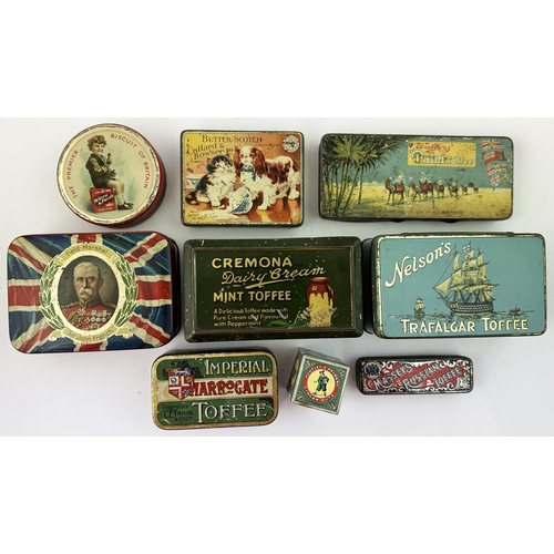 126 - MIXED TINS GROUP. Various sizes Nelsons TRafalgar Toffee 5.4 x 3.2 x 2ins. Various conditions, good ... 