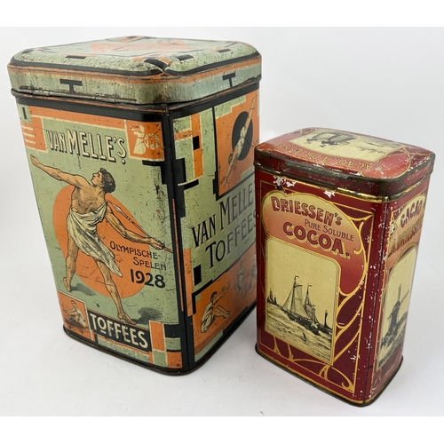 128 - PRINTED TINS DUO. Largest 10 x 6 x 6ins. Van Melles Olympic Toffees 1928 & Driessens Cacao tin. Vari... 