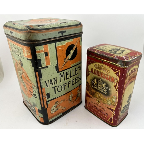 128 - PRINTED TINS DUO. Largest 10 x 6 x 6ins. Van Melles Olympic Toffees 1928 & Driessens Cacao tin. Vari... 