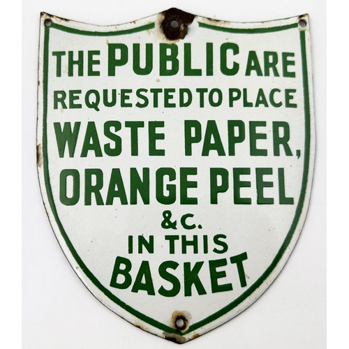 34 - WASTE PAPER BASKET ENAMEL SIGN. 7ins tall. Small cut out shield shape - green on bright white. Fixin... 