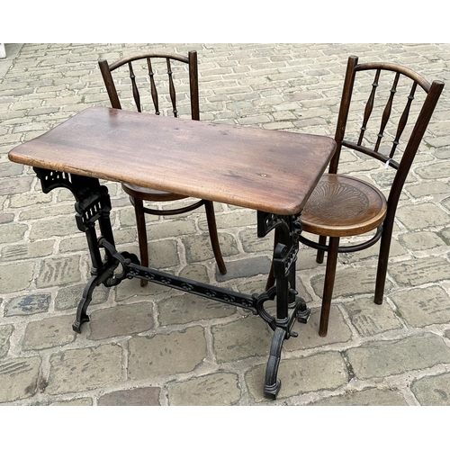 44 - PUB TABLE & TWO CHAIRS. Table 36 x 17.5, 29 ins tall. Original rectangular pub table, ornate heavy c... 