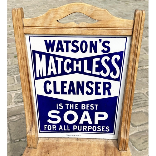 54 - WATSONS MATCHLESS CLEANSER ENAMEL BACKED SHOP CHAIR. 37.5ins tall. Heavy period wooden chair, double... 