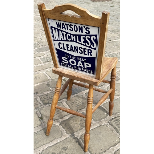 54 - WATSONS MATCHLESS CLEANSER ENAMEL BACKED SHOP CHAIR. 37.5ins tall. Heavy period wooden chair, double... 