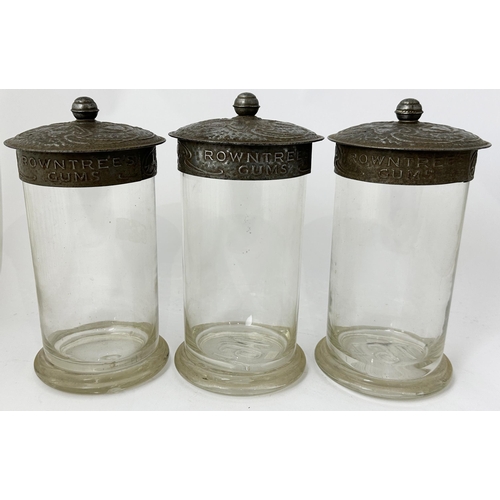 69 - ROWNTREES GUMS JAR TRIO. 9ins tall. Stylish Art Nouveau style decorated tin lids, all knops intact. ... 