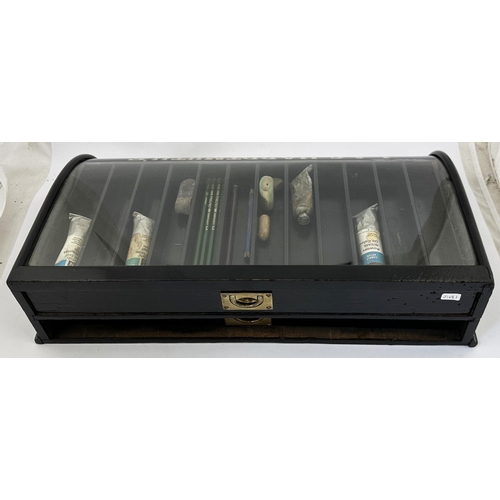 84 - KOH I NOOR DRAWING PENCILS CABINET. 19 x 11.2 x 4.7ins. Black lacquered wood shop cabinet, curved gl... 