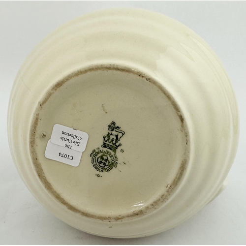 94 - TOBY STOUT WATER JUG. 4.5ins tall. Off cream body, pointed pouring lip, rear handle. Green lettering... 