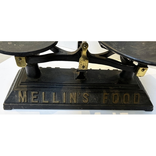 137 - MELLINS BABY FOOD SCALES. Cast base 21 x 8.2ins, total height 12 ins to tip of large dish. Large let... 