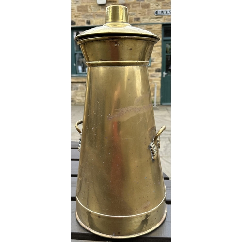 139 - BRASS GUARANTEED MILK CHURN. 18.7ins tall. Very impressive, smaller size, tapering brass milk churn,... 