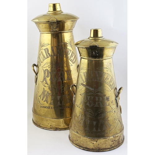 139 - BRASS GUARANTEED MILK CHURN. 18.7ins tall. Very impressive, smaller size, tapering brass milk churn,... 