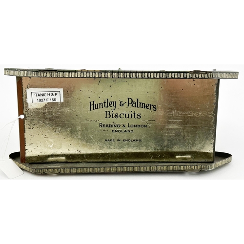 159 - HUNTLEY & PALMERS 1927 CAMOUFLAGED TANK BISCUITS TIN. 7.4 x 3.1 x 3.1. Well coloured , revolving top... 