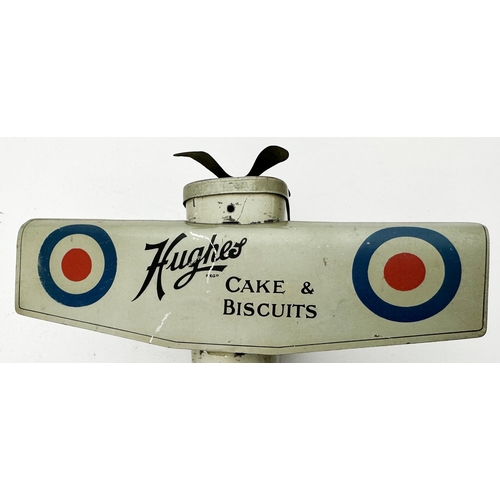 160 - HUGHES CAKES & BISCUITS AEROPLANE. 9.2 x 8 x 3ins. A wonderful period propellor driven silve bi plan... 