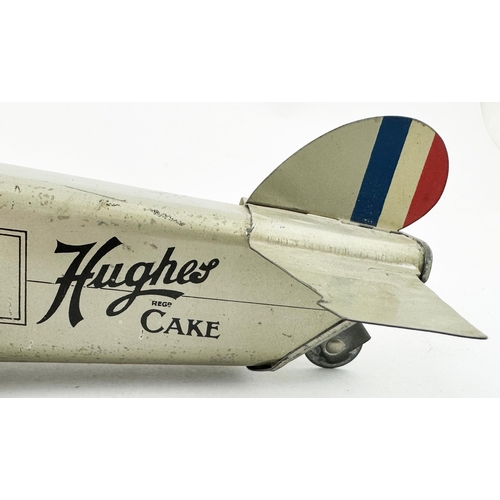 160 - HUGHES CAKES & BISCUITS AEROPLANE. 9.2 x 8 x 3ins. A wonderful period propellor driven silve bi plan... 