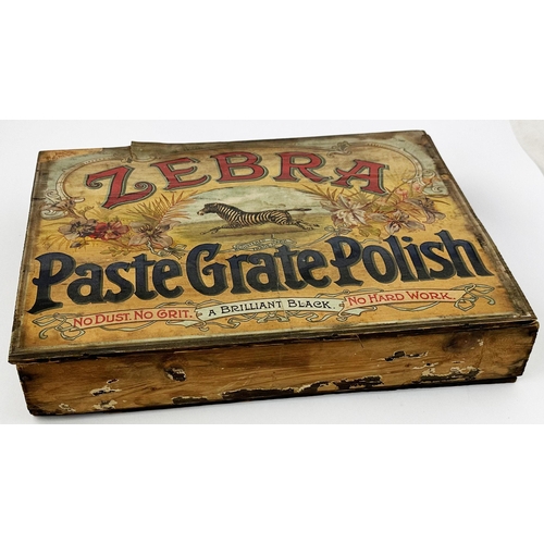 164 - ZEBRA PASTE GRATE POLISH ADVERTISING BOX WOODEN BOX. 15 x 11ins. Multi coloured printed paper label ... 