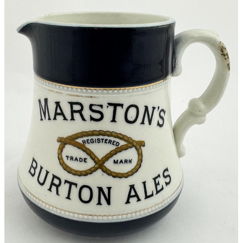 174 - MARSTONS BURTON ALES. 4.7ins tall. Shiny glaze - dark blue top, bright white lower, pouring lip, rea... 