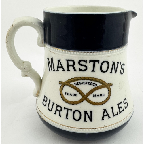 174 - MARSTONS BURTON ALES. 4.7ins tall. Shiny glaze - dark blue top, bright white lower, pouring lip, rea... 