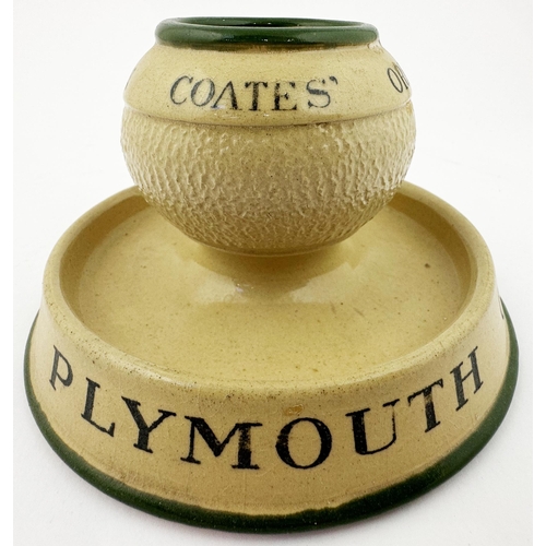 187 - COATESORIGINAL PLYMOUTHGIN MATCH HOLDER,STRIKER & ASHTRAY.5.9ins diam. Globulartop with wide dish li... 