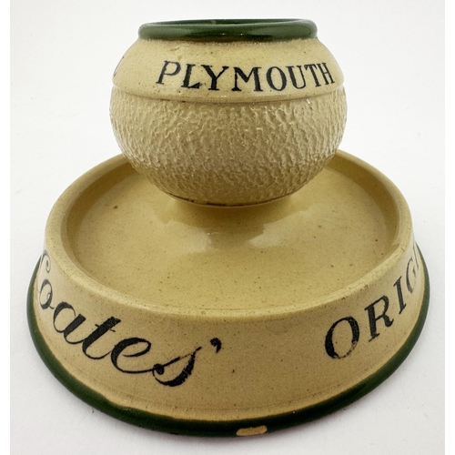 187 - COATESORIGINAL PLYMOUTHGIN MATCH HOLDER,STRIKER & ASHTRAY.5.9ins diam. Globulartop with wide dish li... 