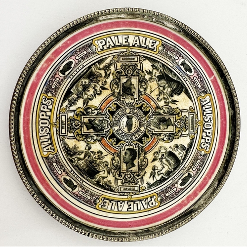 188A - ALLSOPPS PALE ALE COASTER. 6.2ins diam. Highly ornate transfer, yellow & pink highlights. Hand t.m. ... 