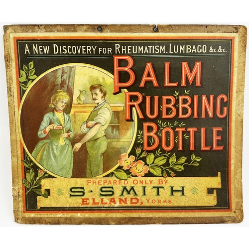 195 - ELLAND YORKS BALM RUBBING BOTTLE SHOWCARD. 12 x 10ins thick off white card advert., two original top... 