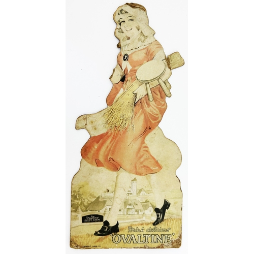 199 - OVALTINE CUT OUT SHOP COUNTER CARD ADVERTISEMENT. 13.5ins tall. Period dressed lady at Ovaltine Dair... 