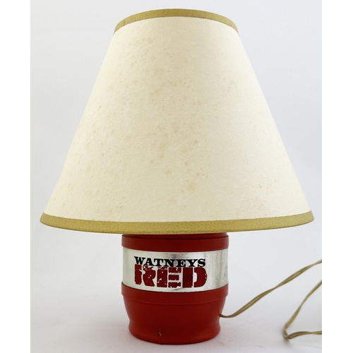 232 - WATNEYS RED BARREL LAMP BASE & SHADE. 10.2ins tall. Upright plastic style barrel (lettered both side... 