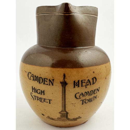 251 - CAMDEN HEAD CAMDEN TOWN WATER JUG. 6.5ins tall. T.t. salt glaze stoneware jug, dark brown top, mid s... 