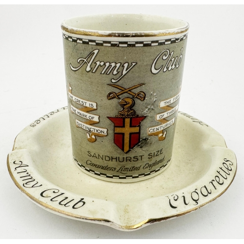 253 - ARMY CLUB CIGARETTES MATCH HOLDER & ASHTRAY. 3.2ins tall, most rim gold band intact. Delightfully bu... 