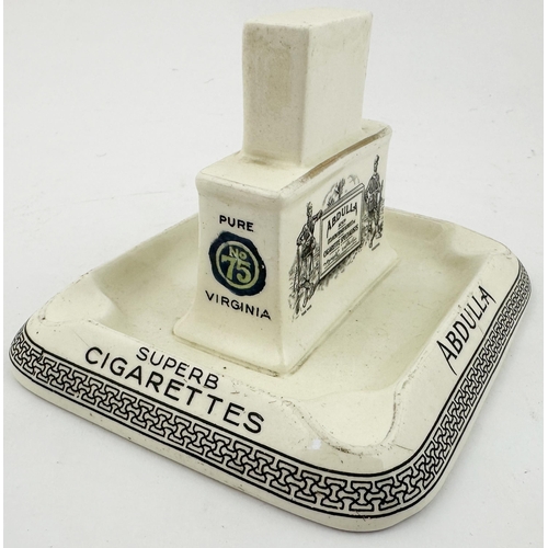 254 - ABDULLA CIGARETTES ASHTRAY & MATCHBOX HOLDER. 4.9 x 3.2ins base, 3.1ins tall. Army clad gents each s... 