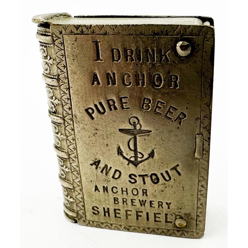 255 - SHEFFIELD ANCHOR BREWERY VESTA CASE. 1.7 x 1.2ins book shape, decorated spine. Impressed both sides,... 