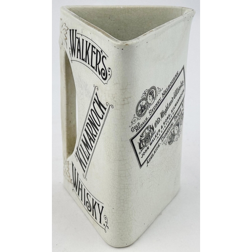 270 - WALKERS KILMARNOCK WHISKY WATER JUG. 6.2ins tall. Unique triangular shape. All three sides transferr... 