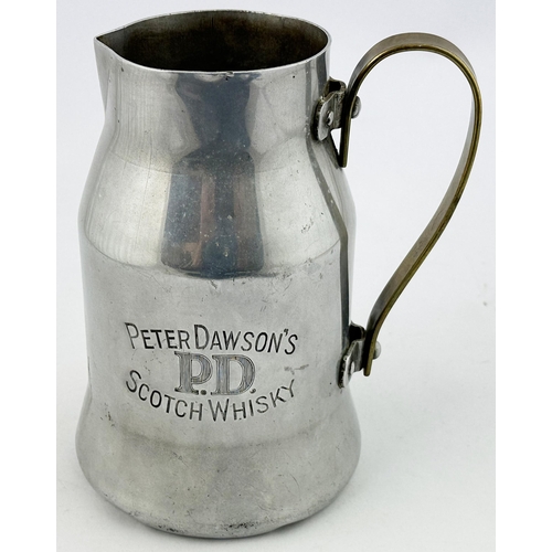 272 - PETER DAWSONS SCOTCH WHISKY METAL WATER JUG. 7.1ins tall. Most unusual curvy shiny metal jug, letter... 