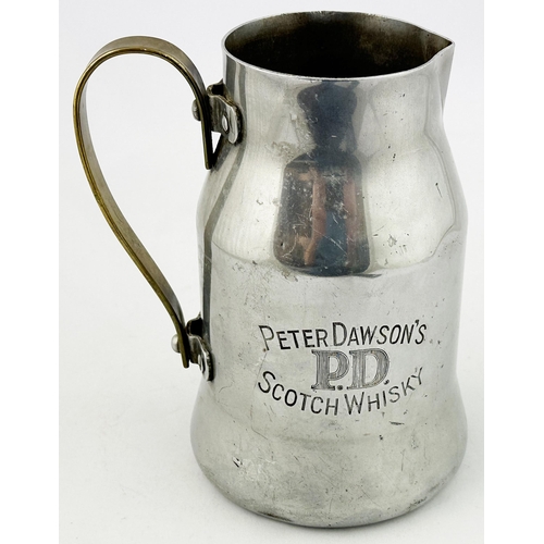 272 - PETER DAWSONS SCOTCH WHISKY METAL WATER JUG. 7.1ins tall. Most unusual curvy shiny metal jug, letter... 