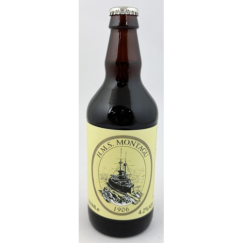 275 - THE BIG SHEEP ABBOTSFORD DEVON H.M.S. MONTAGU BOTTLE OF BEER. 8.9ins tall 500ml full & sealed bottle... 