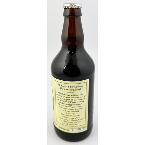 275 - THE BIG SHEEP ABBOTSFORD DEVON H.M.S. MONTAGU BOTTLE OF BEER. 8.9ins tall 500ml full & sealed bottle... 