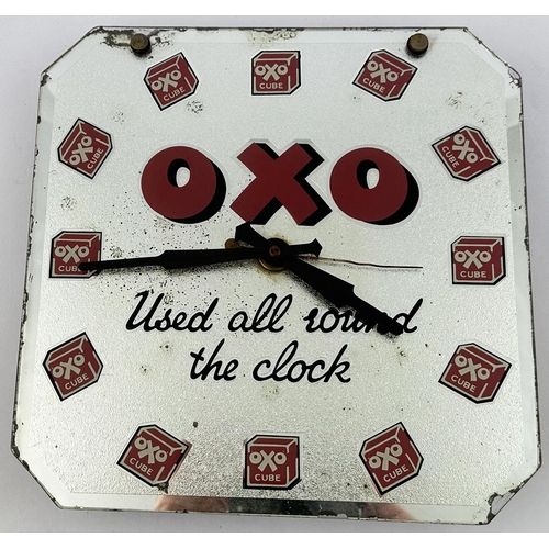 279 - OXO WALL CLOCK. 12 x 12ins. Square glass face (bevelled corners, speckled surface) carrying 12 Oxo b... 