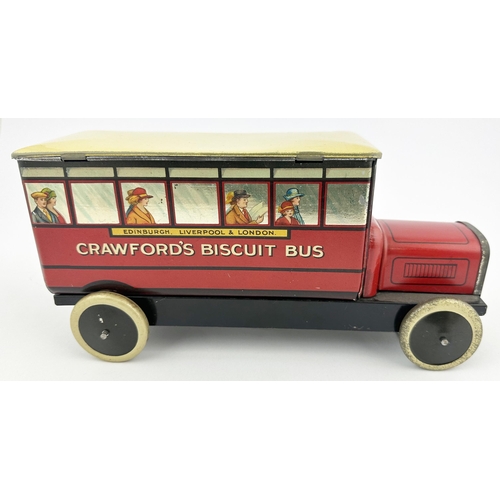 285 - CRAWFORDS BISCUIT BUS TIN. 9.8 x 4 x 5ins. Various passenger details to several windows - all differ... 