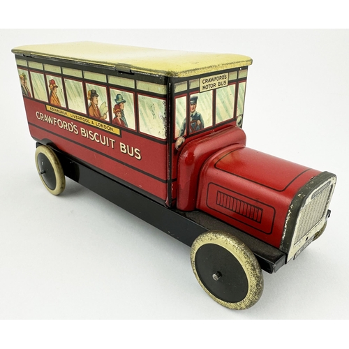 285 - CRAWFORDS BISCUIT BUS TIN. 9.8 x 4 x 5ins. Various passenger details to several windows - all differ... 