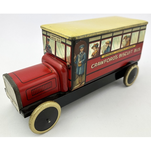 285 - CRAWFORDS BISCUIT BUS TIN. 9.8 x 4 x 5ins. Various passenger details to several windows - all differ... 