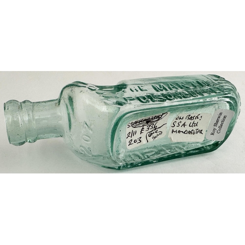 100 - MARTINS PATENT POISON BOTTLE. DP p29. 4.8 ins long aqua glass. POISON embossed both sides, PATENTED ... 