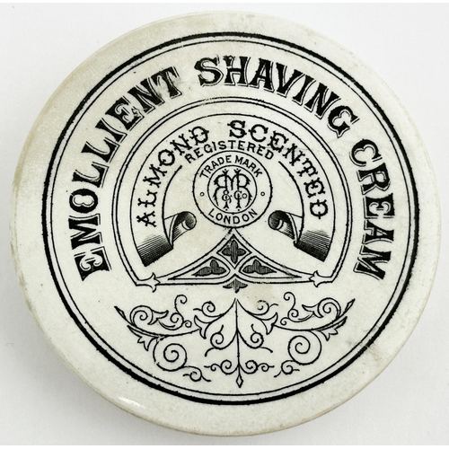 107 - LONDON POT LID. (APL p351, 54a) 3.3ins diam. Black transfer with two borders. EMOLLIENT SHAVING CREA... 